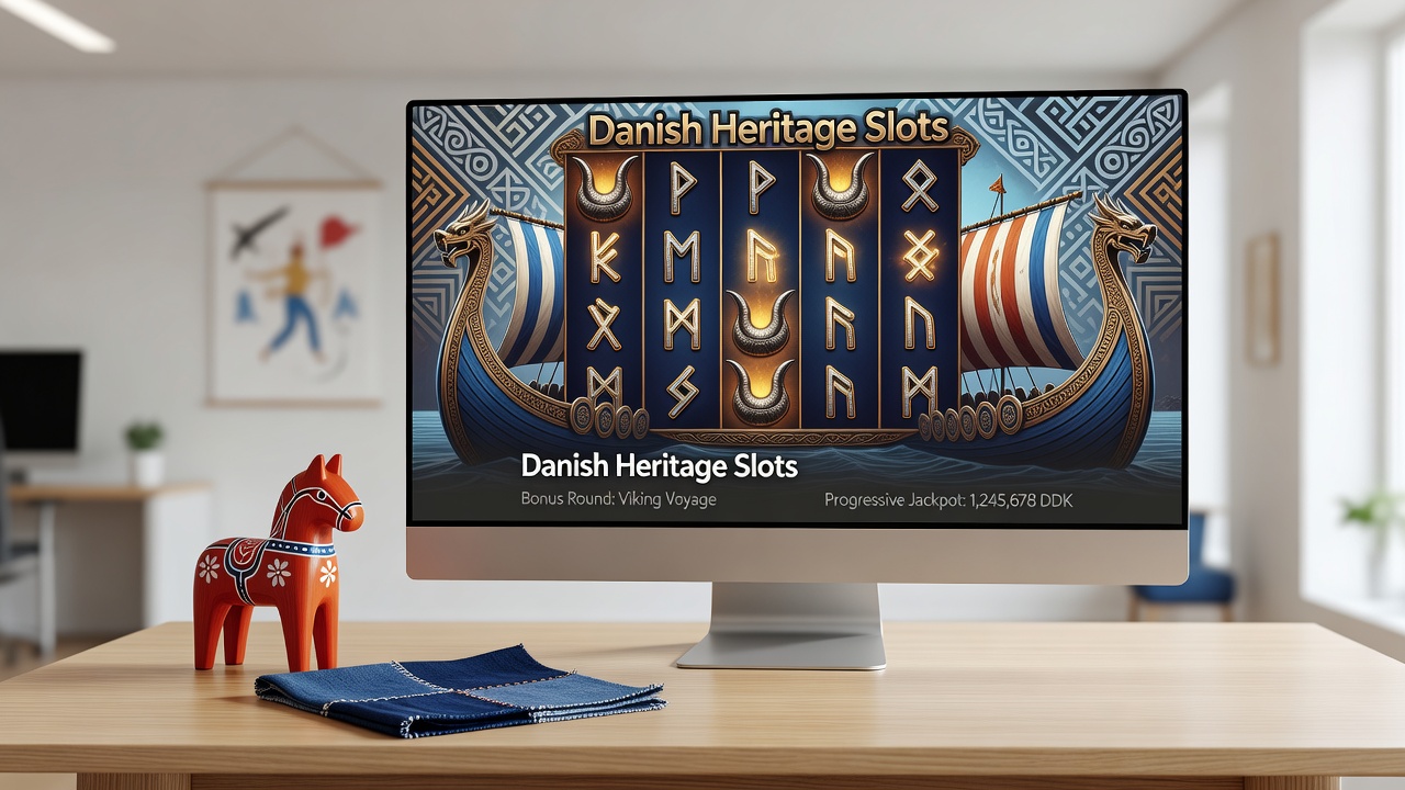 Billede af hygge-inspirerede elementer og danske designmotiver i en moderne spilleautomat