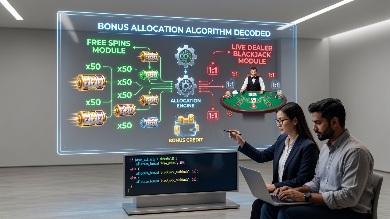 Diagram over algoritmebaseret fordeling af bonusser mellem spins og blackjack på online platforme